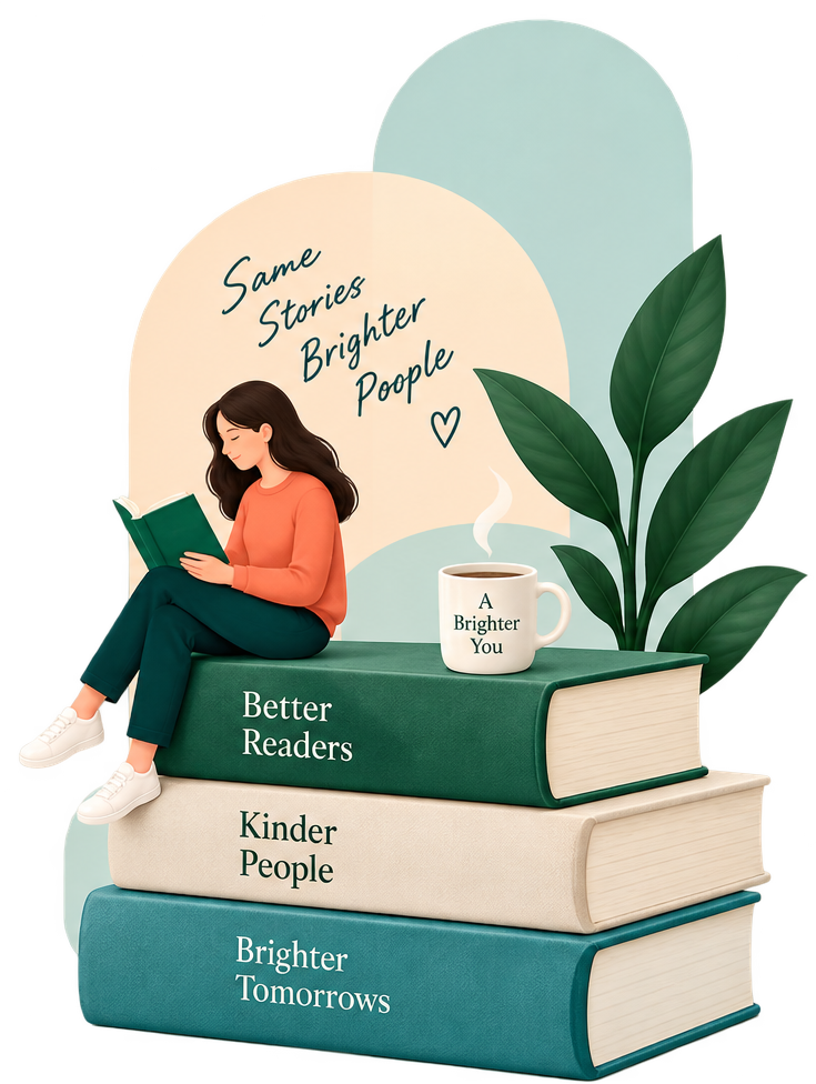 A reader sitting on a stack of books titled Better Readers, Kinder People and Brighter Tomorrows